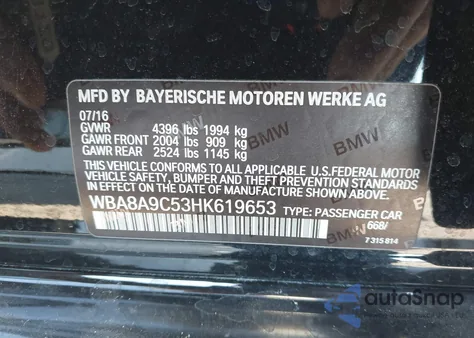 2017 BMW 320I из США, поврежденный, VIN WBA8A9C53HK619653